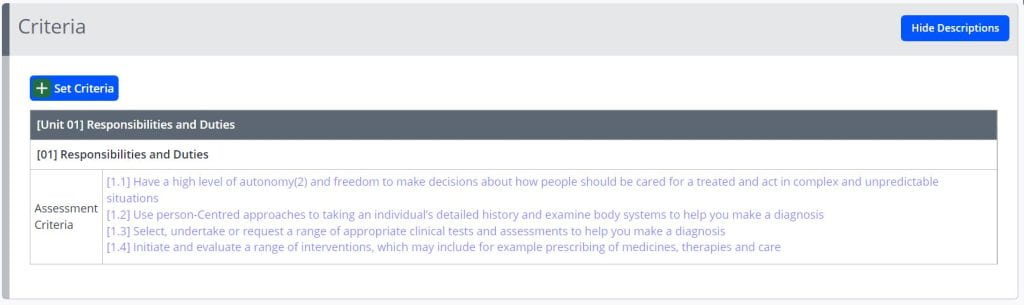 A screenshot of the criteria tab from the create assessments page. The selected criteria are shown in a faint blue text.