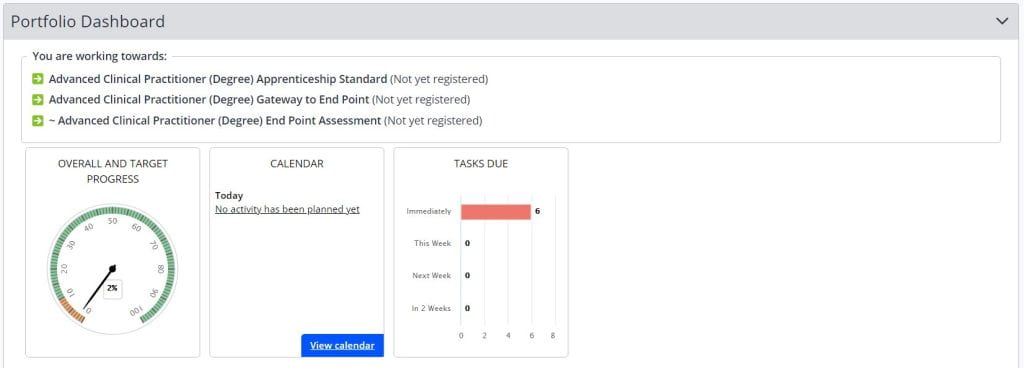 A screenshot of the portfolio dashboard in a learner's account. This section shows three learning aims and three charts, the charts shown are overall and target progress, calendar and tasks due.
