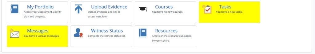 A screenshot of the learner dashboard. This screenshot shows the quick navigation buttons to key areas of the portfolio and One File system. 
