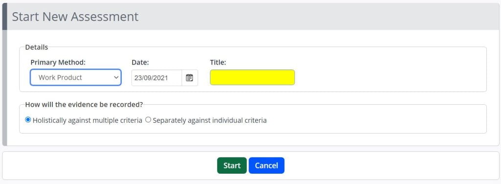 A screenshot of the second part of the create new assessment process in One File. A drop-down box is shown to select the Assessment Method. There is now a title box and two check boxes, the first is to map evidence holistically, the other is to map evidence individually to each criteria.